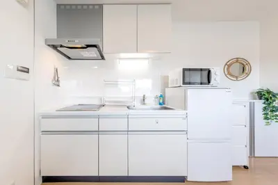 a white kitchen with a sink and a microwave at Emilio Nishi Shinjuku in Tokyo