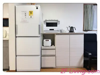 a kitchen with two refrigerators and a microwave at Hao Bros Home Gemini B in Tokyo