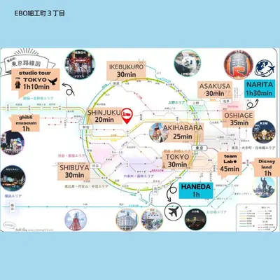 a map of the route for the hike to korea at ebo\u7d30\u5de5\u753a3\u4e01\u76ee4F in Tokyo