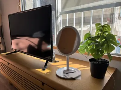 a television on a desk with a mirror and a plant at \u9ad8\u7530\u99ac\u5834\u99c55\u5206 \u65b0\u5bbf10\u5206 \u30ab\u30d5\u30a7\u3068\u30a2\u30fc\u30c8\u306e\u30ea\u30e9\u30c3\u30af\u30b9\u7a7a\u95931R good in Tokyo