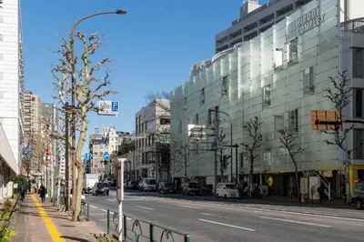 a city street with buildings and a street light at \u30aa\u30fc\u30af\u30ec\u30b9\u30c8\u6075\u6bd4\u5bff in Tokyo