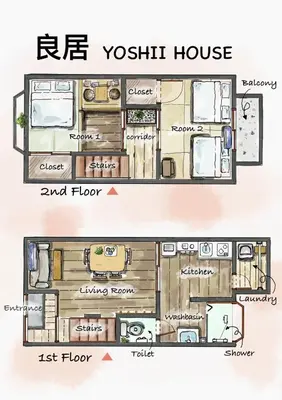 a floor plan of a yoshiki house at \u826f\u5c45\u6c11\u5bbf YOSHII House \u6674\u7a7a\u5854\u5f92\u6b65\u5708 \u6574\u680b\u51fa\u79df in Tokyo