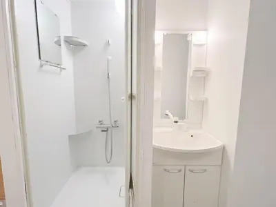a white bathroom with a sink and a shower at hananosato \u9ad8\u7530\u99ac\u5834 in Tokyo