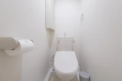 a white toilet in a bathroom with a toilet paper dispenser at Sumire in Tokyo