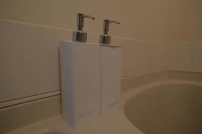 a bathroom with a bath tub with two faucets at 5min walk to Kameari Station within 30min to Ginza, Asakusa, Skytree Direct bus to Haneda Airport & Tokyo Disneyland departing from Kameari Station in Tokyo