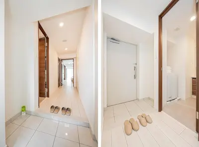 two views of a bathroom with a walk in shower at Japan House \u5fa1\u5f92\u753a in Tokyo
