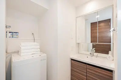 a white bathroom with a sink and a washing machine at Japan House \u5fa1\u5f92\u753a in Tokyo
