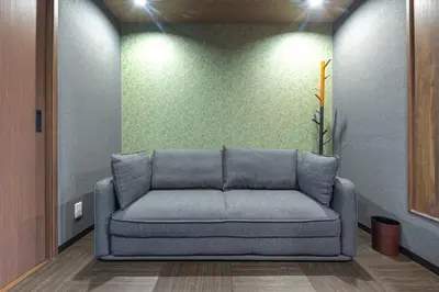 a couch in a room with a green wall at Asakusa Miyabi no mori in Tokyo