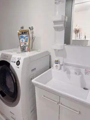 a washing machine and a sink in a bathroom at Ueno Rose in Tokyo