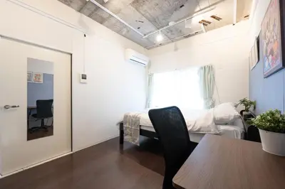 a room with a bed and a table and a table sidx sidx sidx at Shibuya Station 8-min walk, Shibuya Center, 3 people stay, WIFI, 4F No elevetor in Tokyo