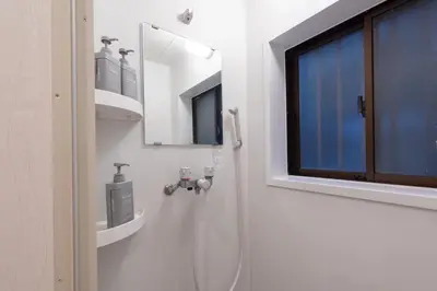 a bathroom with a shower with a sink and a mirror at Y's INN Ikebukuro 013T in Tokyo