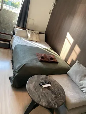 a room with a bed and a couch and a table at \u7af9\u30ce\u585a \u30d7\u30ec\u30df\u30a2 in Tokyo