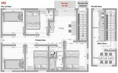 a drawing of a floor plan of a building at \u4e09\u30ce\u8f2a101 in Tokyo