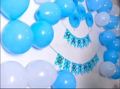 a bunch of blue balloons with the words happy birthday at \u697d\u5bbf \u4e2d\u4e95 004t in Tokyo