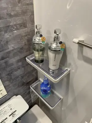 a bathroom with a toilet and two shelves at \u53f0\u4e1c\u533a\u677e\u8c37 in Tokyo