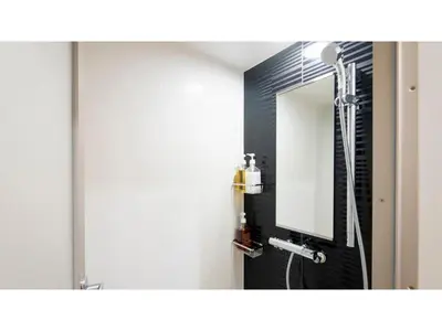 a bathroom with a shower and a mirror at First Cabin Ichigaya 