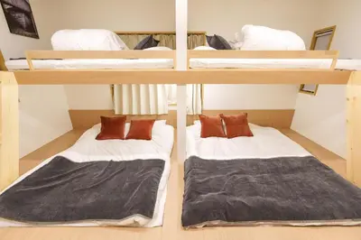 two bunk beds in a dorm room withskirts at MINE HOME\u6771\u6c60\u888b 117t in Tokyo
