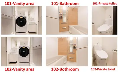 a collage of four pictures of a bathroom with a toilet and sink at T r u s t V a l u e Kuramae in Tokyo