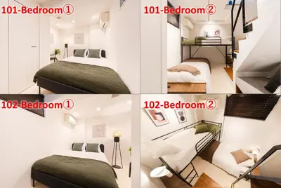 a collage of pictures of a room with two beds at T r u s t V a l u e Kuramae in Tokyo