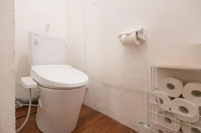 a white bathroom with a toilet and some toilet paper at \u30ca\u30ab\u30ce\u30b3\u30df\u30c1 Nakanokomichi in Tokyo