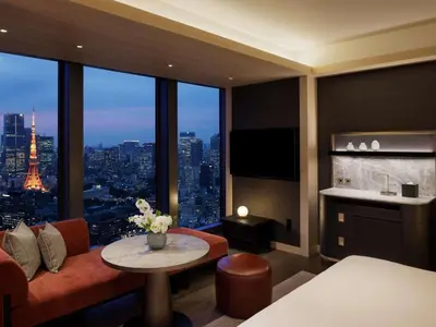 a hotel room with a view of the eiffel tower at Fairmont Tokyo in Tokyo