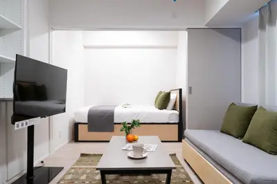 a small living room with a couch and a bed at \u30ec\u30fc\u30f4\u6d45\u8349 in Tokyo