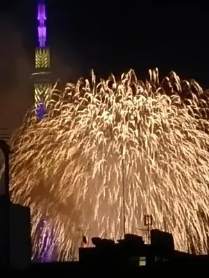 a fountain with a tower in the background with fireworks at Joe Backpackers in Tokyo