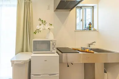a kitchen with a sink and a microwave at DUA \u795e\u697d\u5742Shinjuku area,train 3 mins,waseda,Kagurazaka in Tokyo