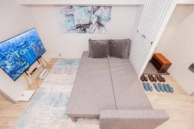 a living room with a couch and a tv at self-check in misimaya building in Tokyo