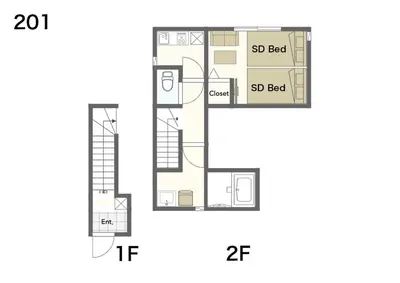 a floor plan of a small apartment with a bed at ksf\u4e0a\u6c60\u888b3\u4e01\u76ee201 in Tokyo