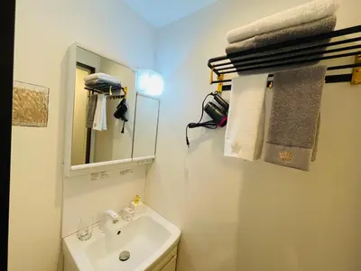a bathroom with a sink and a mirror and towels at Sakae House in Tokyo