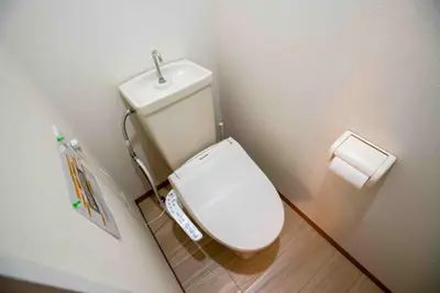 a bathroom with a white toilet and a roll of toilet paper at FIKA Asakusa in Tokyo