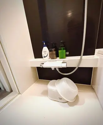 a bathroom with a toilet and a sink with a mirror at \u62bc\u4e0a\u30d6\u30ea\u30b9\u30cf\u30a6\u30b9 in Tokyo