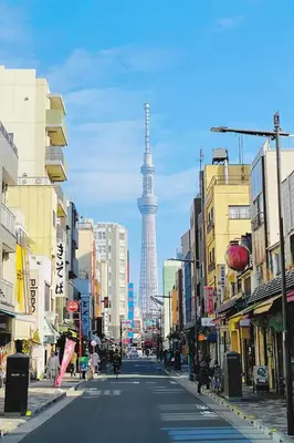 a city street with a view of the eiffel tower at Sensoji 2ppl Apt in Tokyo