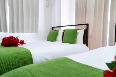 a bedroom with two beds with green and red pillows at 6th floor 602 with elevator, 700 meters walk from Nishi-Shinjuku Gochome 4 minutes to Shinjuku, 75 square meters plus 30 square meters of large balcony in Tokyo