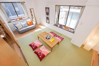 an overhead view of a living room with a table at Akabanestay A \u5fd7\u8302 in Tokyo