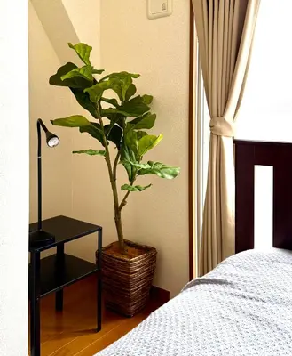 a plant in a basket sitting next to a bed at \u9752\u6238\u30aa\u30fc\u30c1\u30e3\u30fc\u30c9\u30d3\u30eb in Tokyo