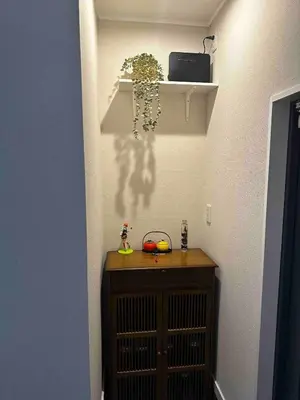 a room with a wooden cabinet with a plant on a shelf at \u516b\u5e83101Nearby Tokyo Skytree in Tokyo