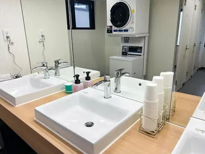 a bathroom with a white sink and a mirror at HOTEL WINDS ASAKUSA Capsule Inn \u6d45\u8349 in Tokyo