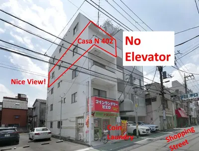 a no elevator sign on the side of a building at CasaN 402 in Tokyo