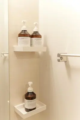 three bottles of shampoo sit on shelves in a bathroom at Asakusa Premium Stay \u5f69-Irodori- in Tokyo