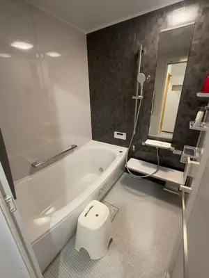 a bathroom with a tub and a toilet and a mirror at \u6d77\u5bb9\u7acb\u77f3 in Tokyo