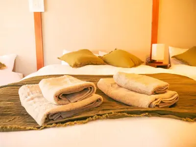 two towels are sitting on top of a bed at MSTAY\u6771\u6c60\u888bone in Tokyo