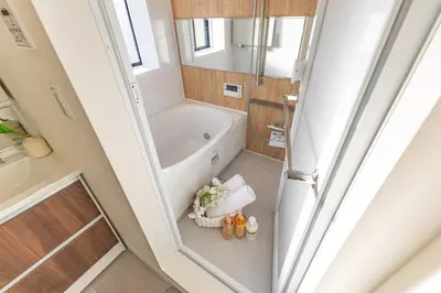 an overhead view of a bathroom with a tub at ikebukuro three storey villa,three bedrooms,9-10 people in Tokyo