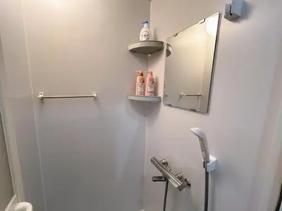 a bathroom with a shower and a mirror at April House Ikebukuro in Tokyo