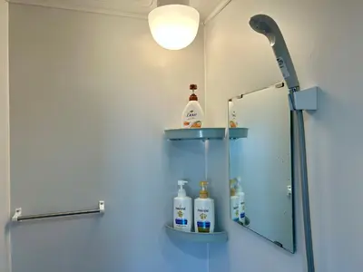 a bathroom with a shower with a mirror and a light at April House Ikebukuro in Tokyo