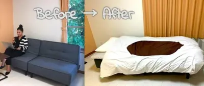 a woman sitting on a couch in a room with a bed at \u30dc\u30f3\u30a2\u30fc\u30c8\u702c\u7530 in Tokyo