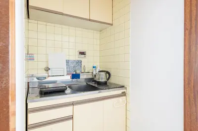 a kitchen with a sink and a counter top at Shinjuku Vintage Rooftop Terrace Stay in Tokyo