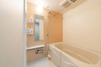 a bathroom with a bath tub and a mirror at Terrace Tokyo Otsuka South in Tokyo