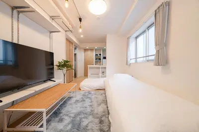 a living room with a couch and a large television at Terrace Tokyo Otsuka South in Tokyo